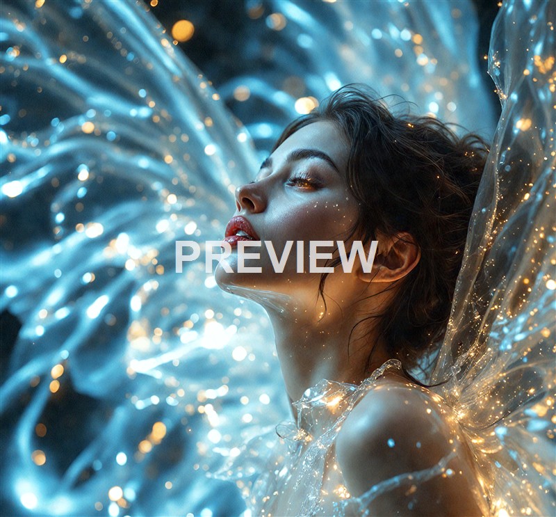 A woman with wet hair and glowing skin surrounded by shimmering, flowing blue and gold light effects, creating a dreamy and ethereal atmosphere.
